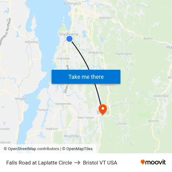 Falls Road at Laplatte Circle to Bristol VT USA map