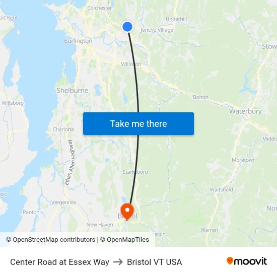 Center Road at Essex Way to Bristol VT USA map