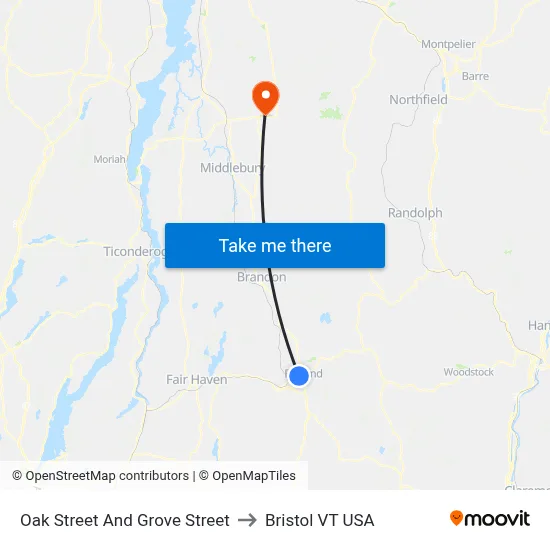 Oak Street And Grove Street to Bristol VT USA map