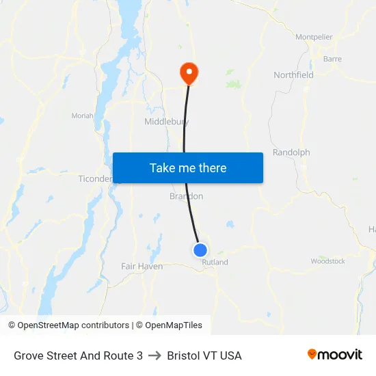 Grove Street And Route 3 to Bristol VT USA map