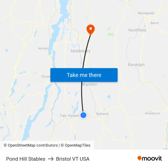 Pond Hill Stables to Bristol VT USA map