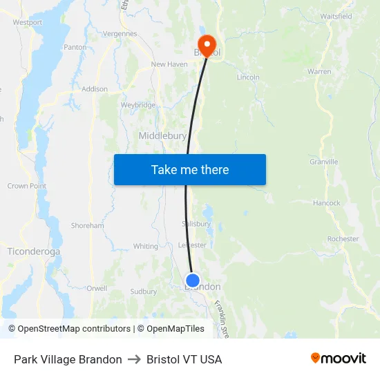 Park Village Brandon to Bristol VT USA map