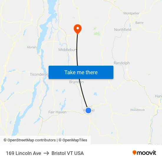 169 Lincoln Ave to Bristol VT USA map
