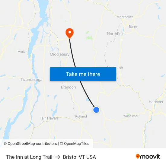 The Inn at Long Trail to Bristol VT USA map