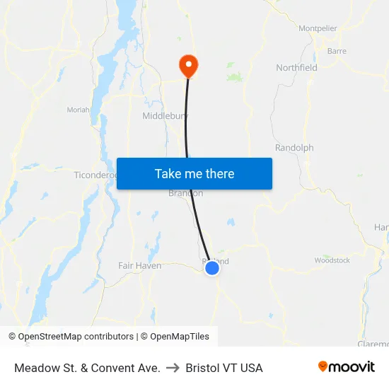 Meadow St. & Convent Ave. to Bristol VT USA map