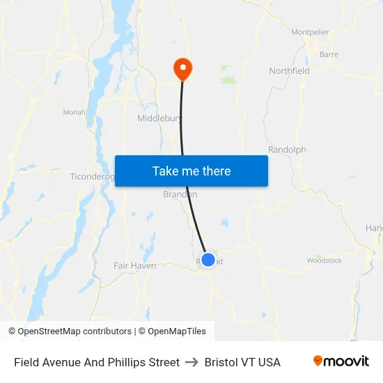 Field Avenue And Phillips Street to Bristol VT USA map