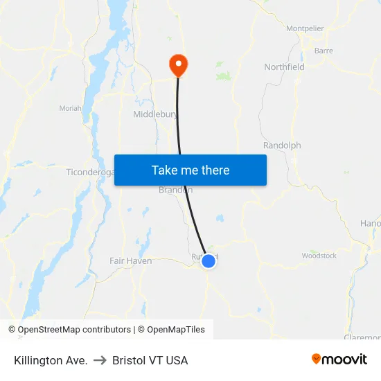 Killington Ave. to Bristol VT USA map