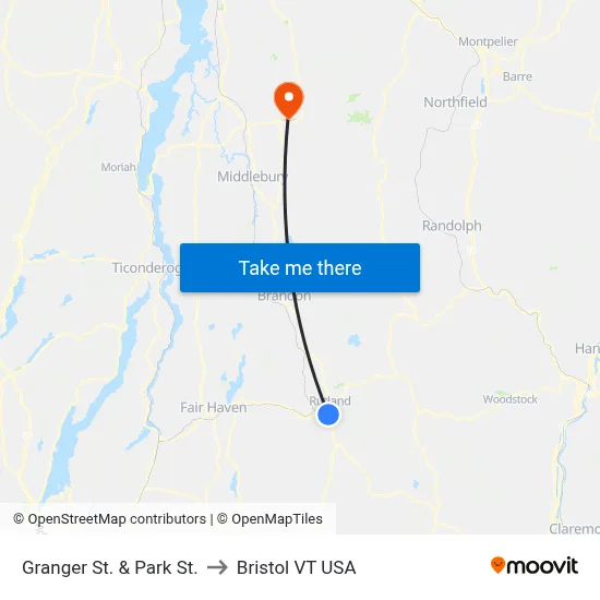 Granger St. & Park St. to Bristol VT USA map