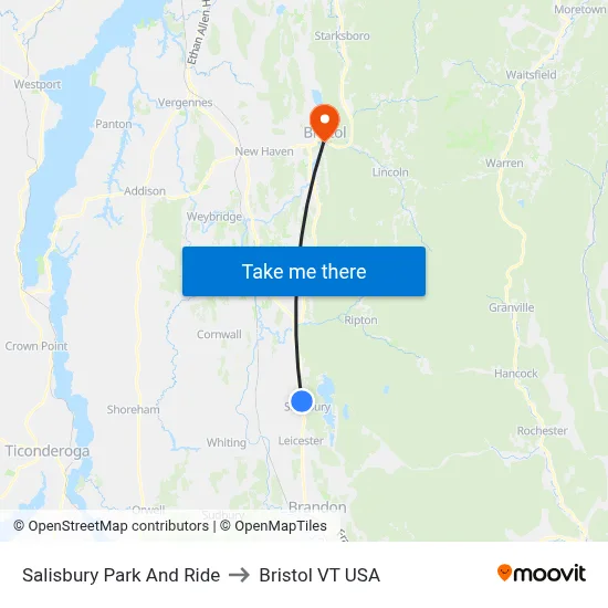 Salisbury Park And Ride to Bristol VT USA map