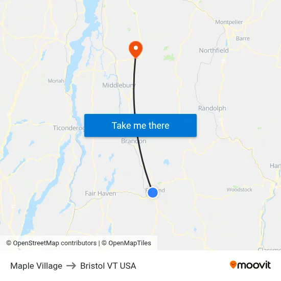 Maple Village to Bristol VT USA map