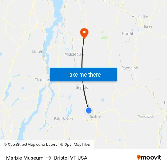 Marble Museum to Bristol VT USA map