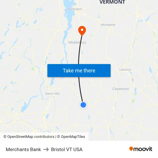 Merchants Bank to Bristol VT USA map