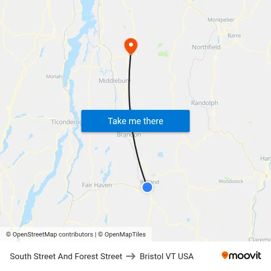 South Street And Forest Street to Bristol VT USA map