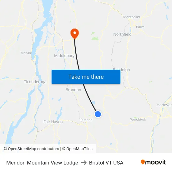 Mendon Mountain View Lodge to Bristol VT USA map