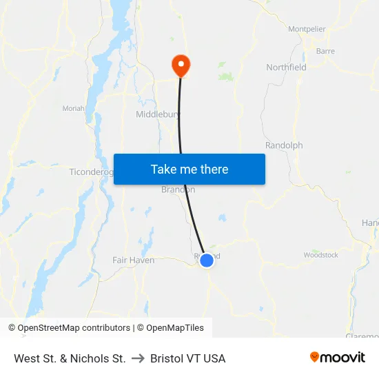 West St. & Nichols St. to Bristol VT USA map