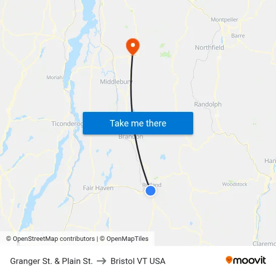 Granger St. & Plain St. to Bristol VT USA map