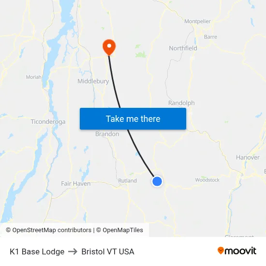 K1 Base Lodge to Bristol VT USA map