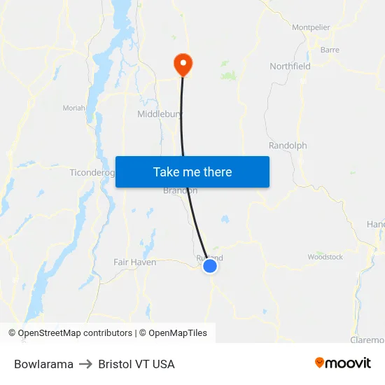 Bowlarama to Bristol VT USA map