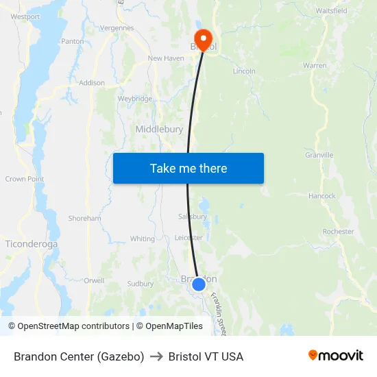 Brandon Center (Gazebo) to Bristol VT USA map