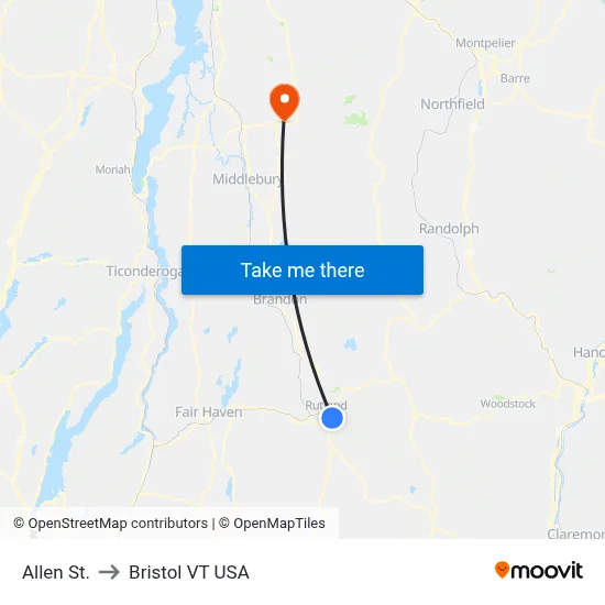 Allen St. to Bristol VT USA map