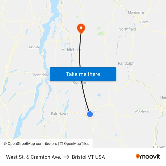 West St. & Cramton Ave. to Bristol VT USA map