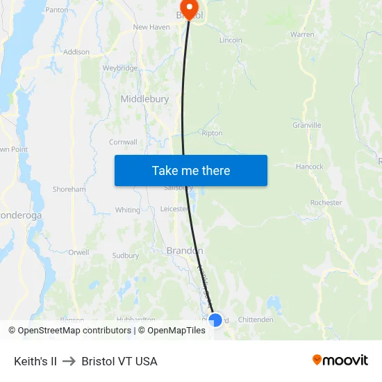 Keith's II to Bristol VT USA map