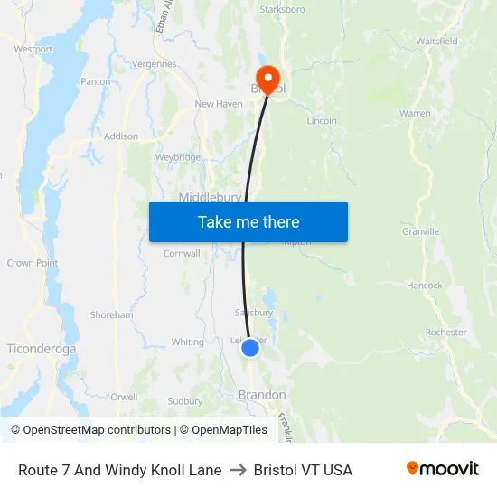 Route 7 And Windy Knoll Lane to Bristol VT USA map