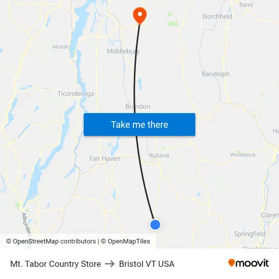 Mt. Tabor Country Store to Bristol VT USA map