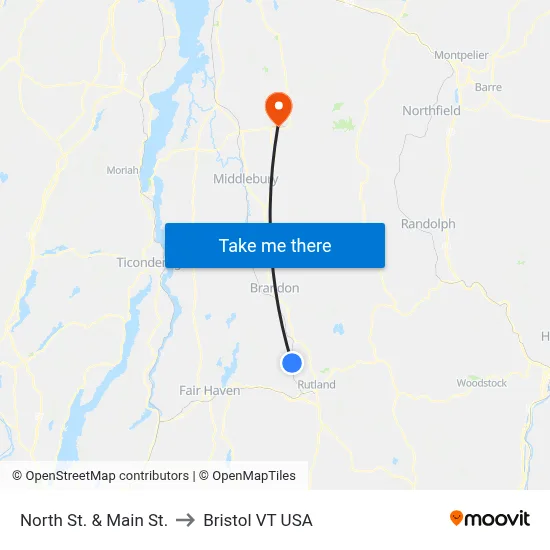 North St. & Main St. to Bristol VT USA map