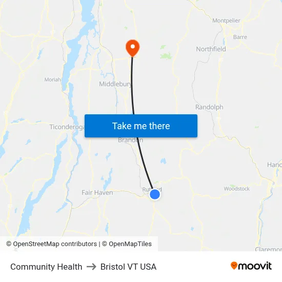 Community Health to Bristol VT USA map