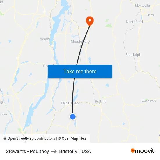 Stewart's - Poultney to Bristol VT USA map