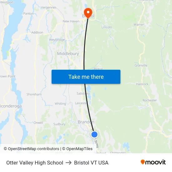 Otter Valley High School to Bristol VT USA map