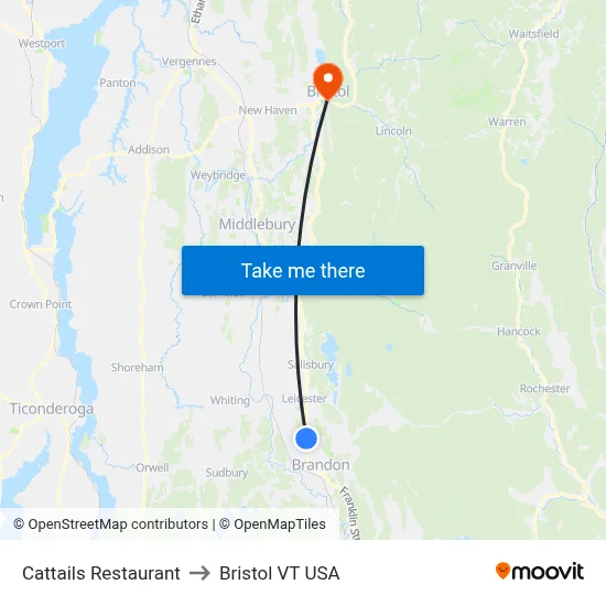 Cattails Restaurant to Bristol VT USA map