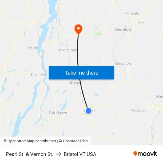 Pearl St. & Vernon St. to Bristol VT USA map