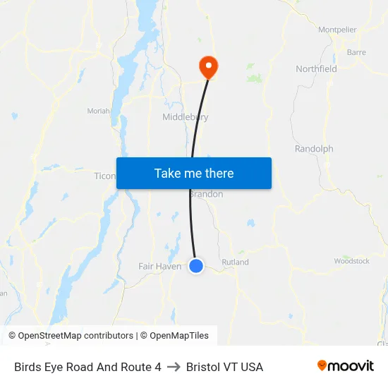 Birds Eye Road And Route 4 to Bristol VT USA map
