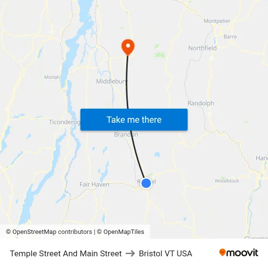Temple Street And Main Street to Bristol VT USA map