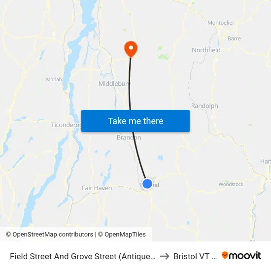 Field Street And Grove Street (Antique Mansion) to Bristol VT USA map