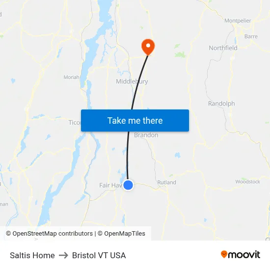 Saltis Home to Bristol VT USA map