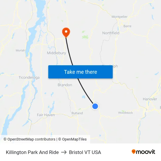 Killington Park And Ride to Bristol VT USA map