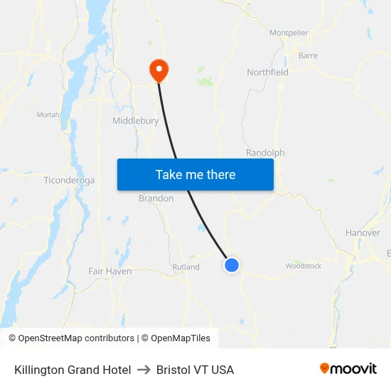 Killington Grand Hotel to Bristol VT USA map