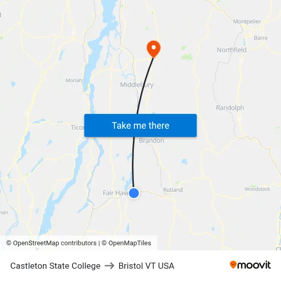 Castleton State College to Bristol VT USA map