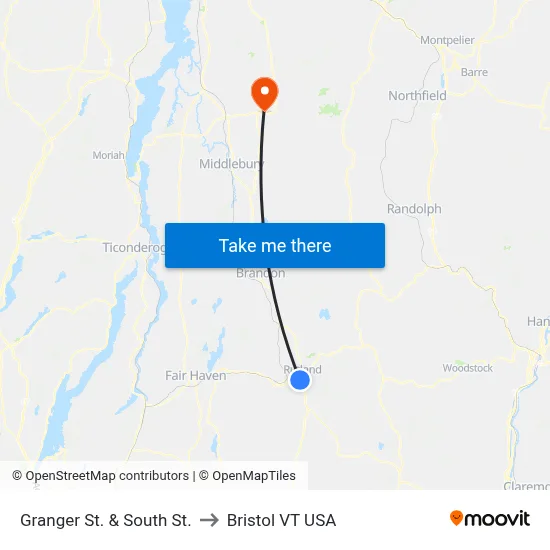 Granger St. & South St. to Bristol VT USA map
