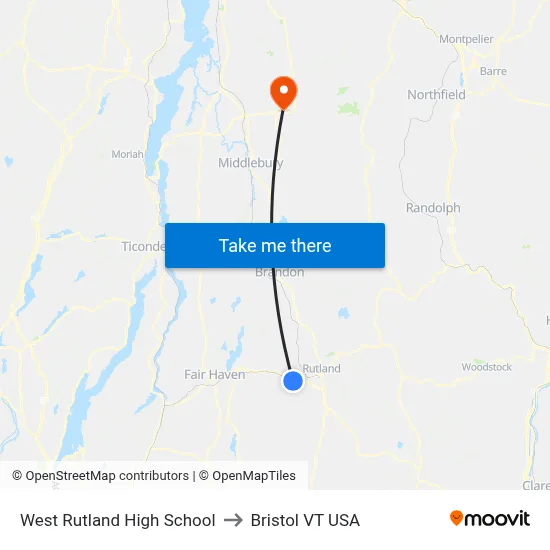 West Rutland High School to Bristol VT USA map