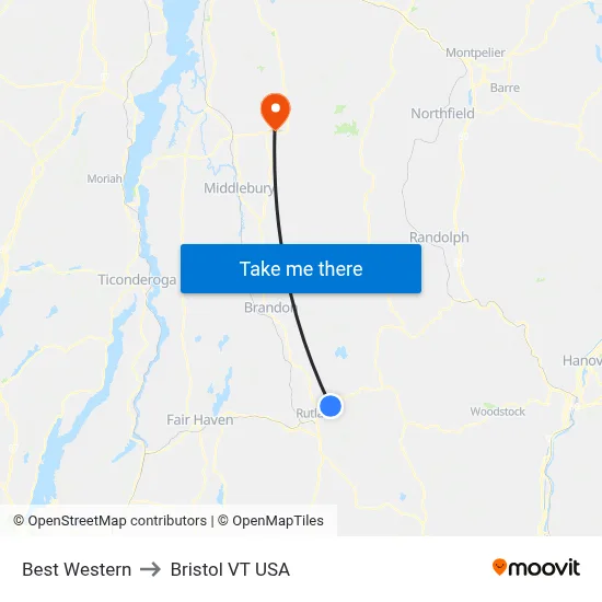 Best Western to Bristol VT USA map