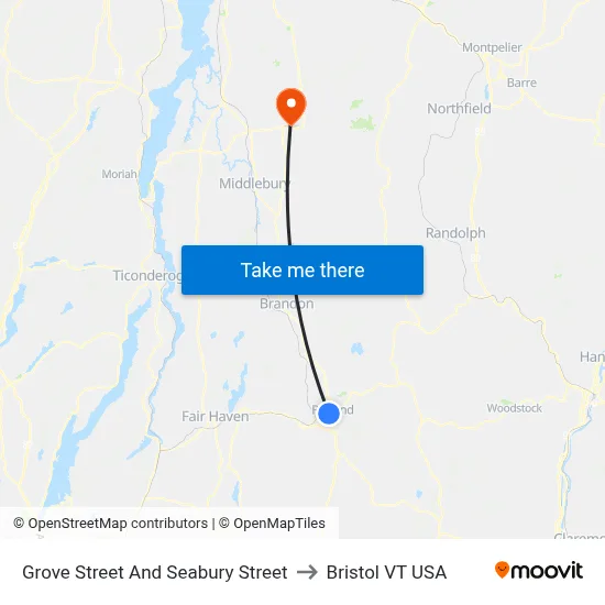 Grove Street And Seabury Street to Bristol VT USA map