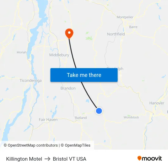 Killington Motel to Bristol VT USA map