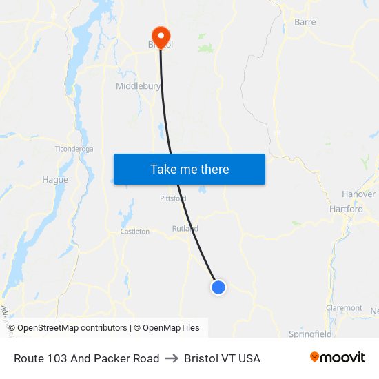 Route 103 And Packer Road to Bristol VT USA map