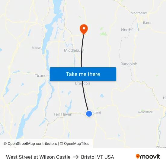 West Street at Wilson Castle to Bristol VT USA map