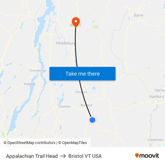 Appalachian Trail Head to Bristol VT USA map