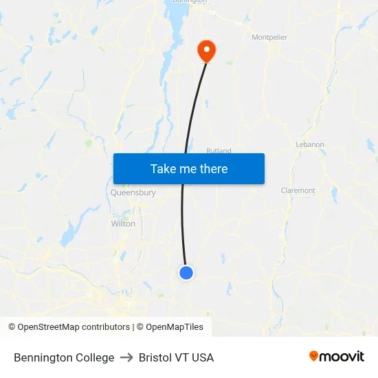 Bennington College to Bristol VT USA map